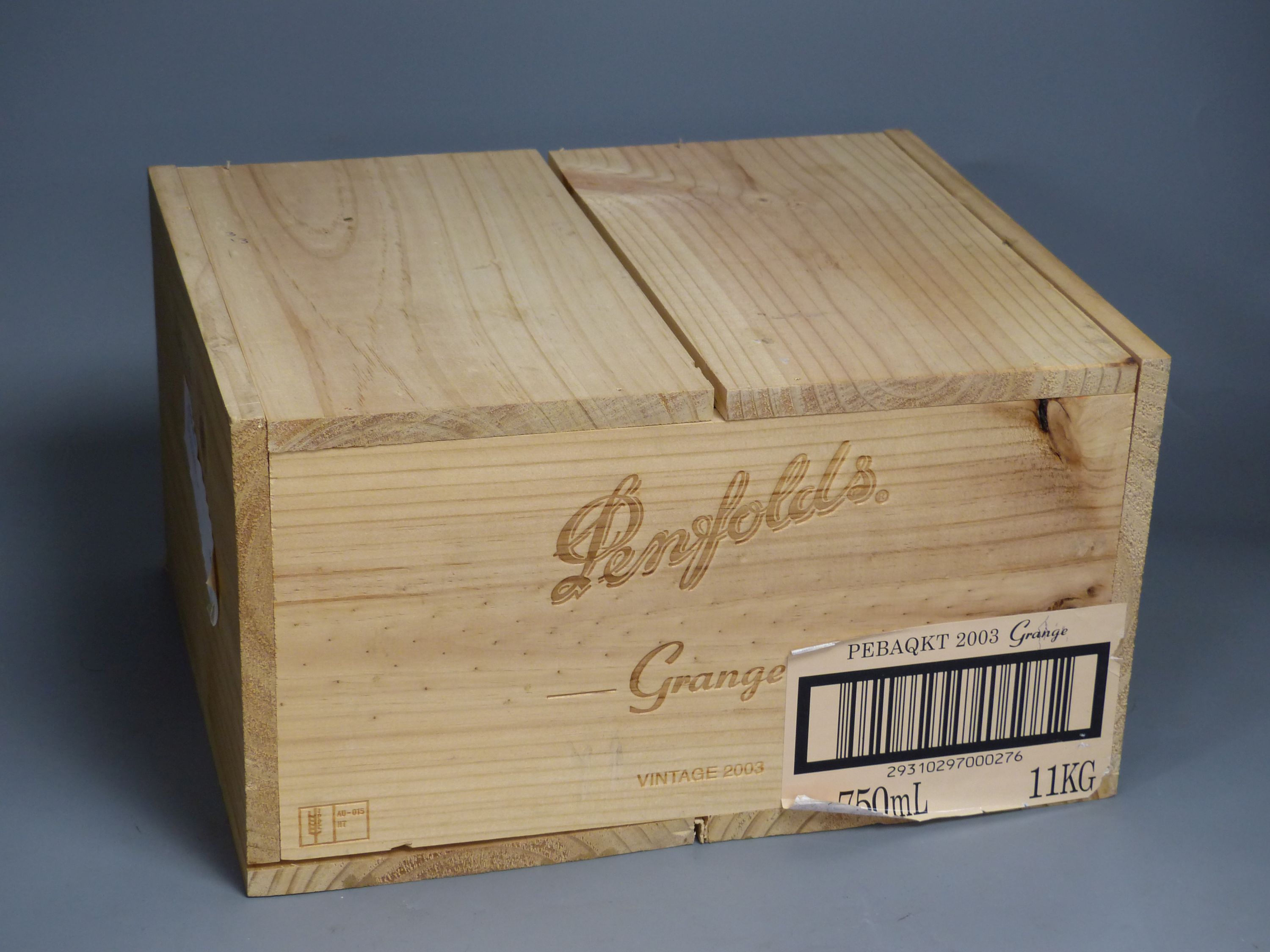 A case of six Penfolds Grange, 2003, in wooden box.